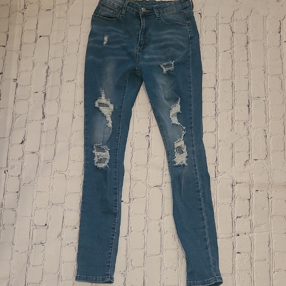 SHEIN Blue Skinny Distressed Denim
